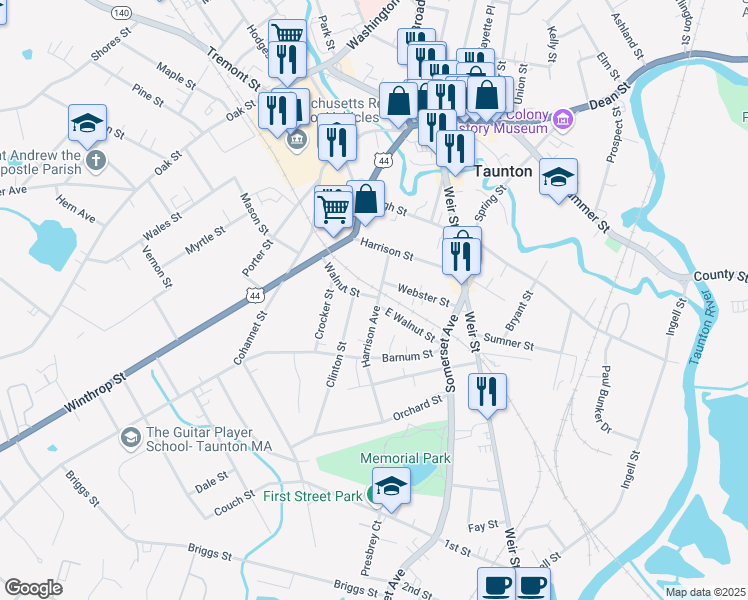 map of restaurants, bars, coffee shops, grocery stores, and more near 15 Harrison Avenue in Taunton