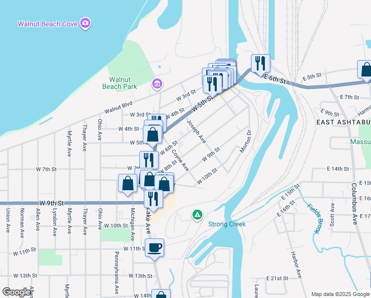 map of restaurants, bars, coffee shops, grocery stores, and more near 1426 West 6th Street in Ashtabula