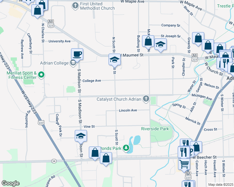 map of restaurants, bars, coffee shops, grocery stores, and more near 960 Michigan Avenue in Adrian