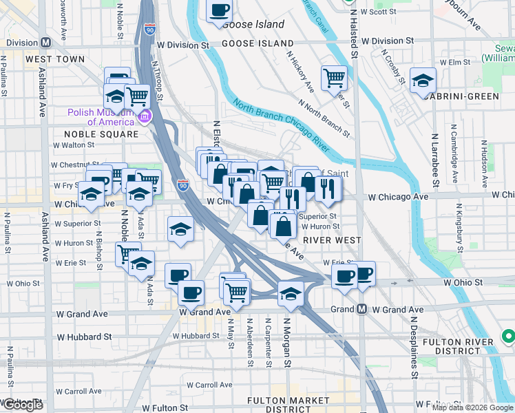 map of restaurants, bars, coffee shops, grocery stores, and more near 1030 West Chicago Avenue in Chicago