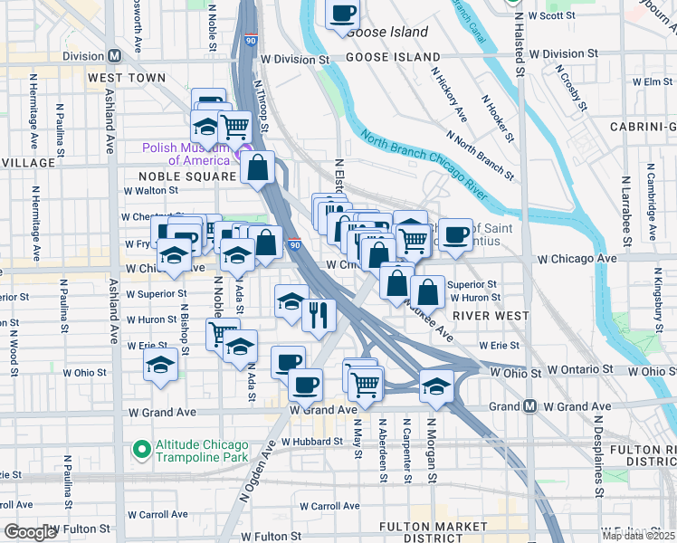 map of restaurants, bars, coffee shops, grocery stores, and more near 1148 West Chicago Avenue in Chicago