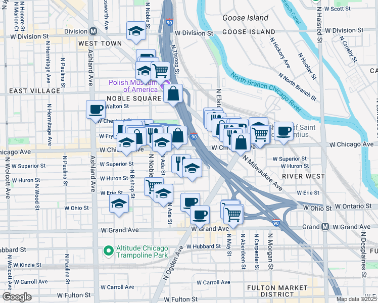 map of restaurants, bars, coffee shops, grocery stores, and more near 1234 West Chicago Avenue in Chicago