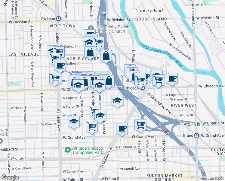 map of restaurants, bars, coffee shops, grocery stores, and more near 801 North Elizabeth Street in Chicago