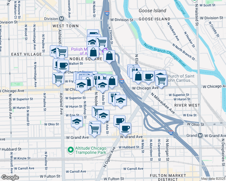 map of restaurants, bars, coffee shops, grocery stores, and more near 801 North Elizabeth Street in Chicago
