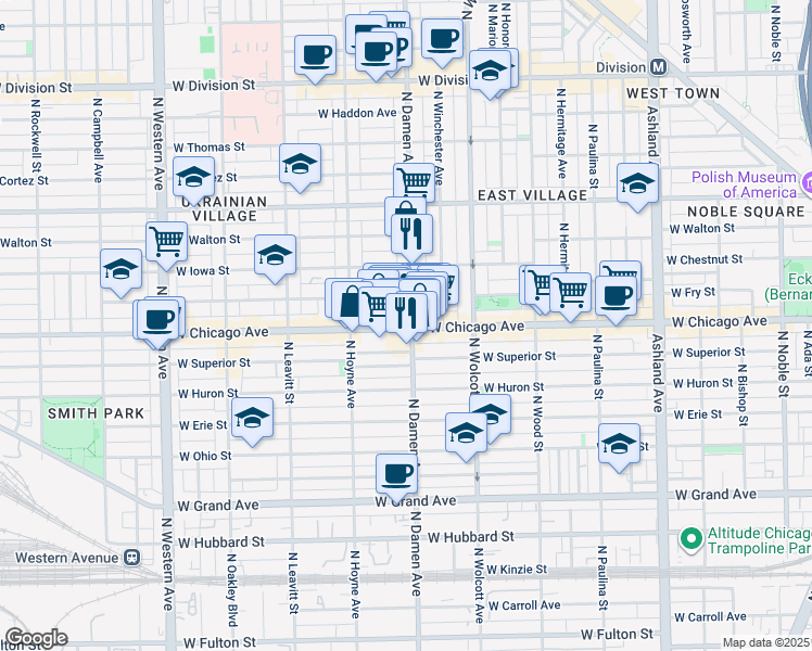 map of restaurants, bars, coffee shops, grocery stores, and more near 2023 West Rice Street in Chicago