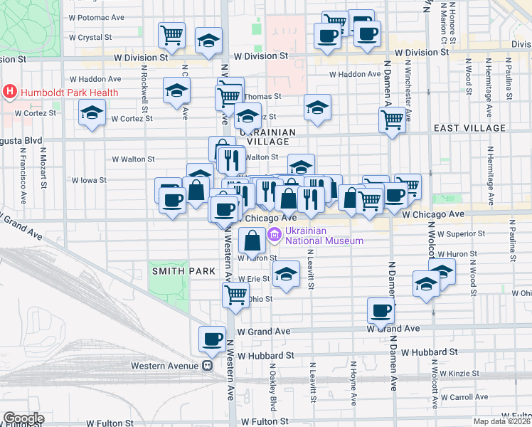 map of restaurants, bars, coffee shops, grocery stores, and more near 821 North Oakley Boulevard in Chicago