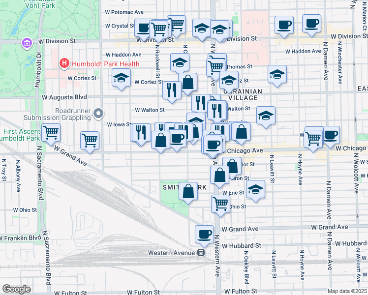 map of restaurants, bars, coffee shops, grocery stores, and more near 825 North Maplewood Avenue in Chicago