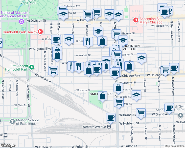 map of restaurants, bars, coffee shops, grocery stores, and more near 825 North Rockwell Street in Chicago