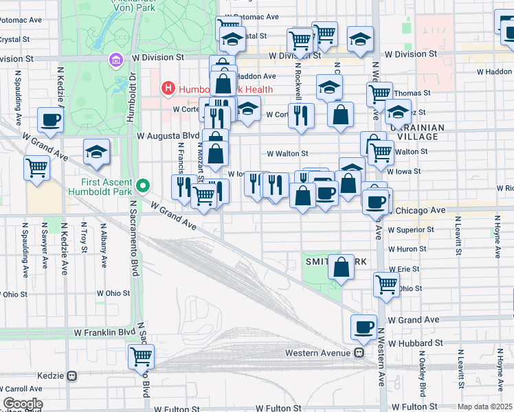 map of restaurants, bars, coffee shops, grocery stores, and more near 822 North Washtenaw Avenue in Chicago