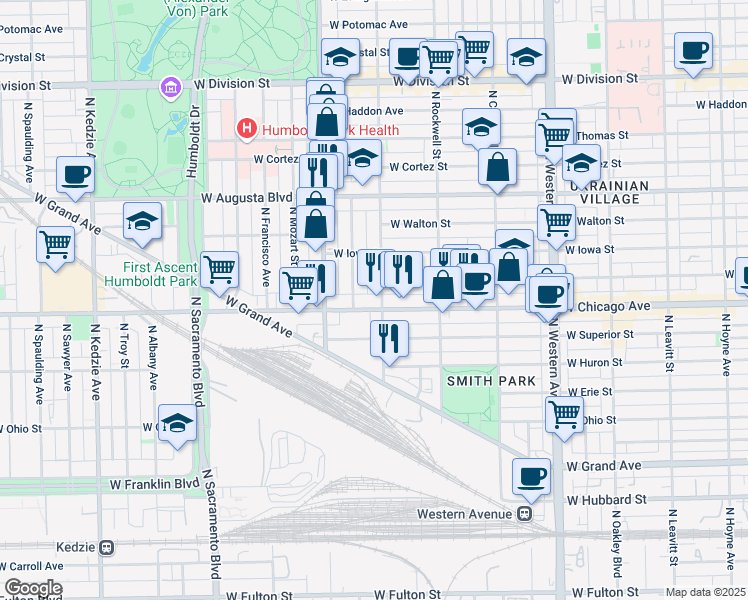 map of restaurants, bars, coffee shops, grocery stores, and more near 822 North Washtenaw Avenue in Chicago
