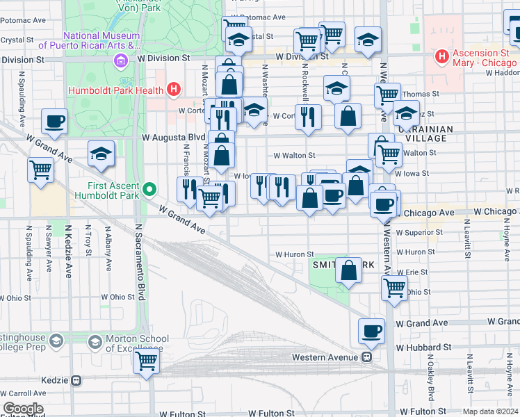map of restaurants, bars, coffee shops, grocery stores, and more near 822 North Washtenaw Avenue in Chicago