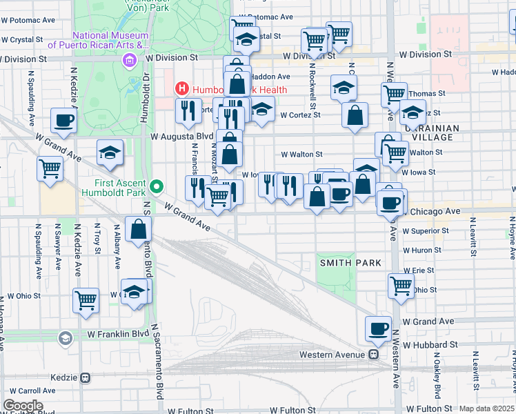 map of restaurants, bars, coffee shops, grocery stores, and more near in Chicago