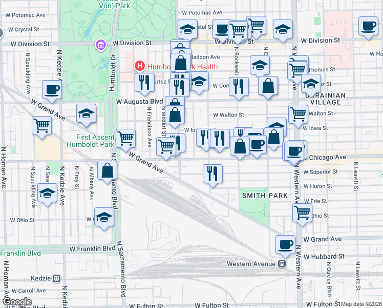 map of restaurants, bars, coffee shops, grocery stores, and more near in Chicago