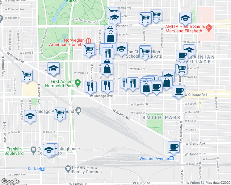 map of restaurants, bars, coffee shops, grocery stores, and more near 832 North Fairfield Avenue in Chicago