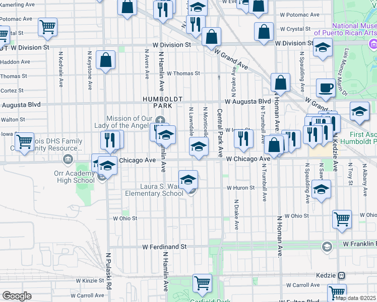 map of restaurants, bars, coffee shops, grocery stores, and more near 835 North Lawndale Avenue in Chicago