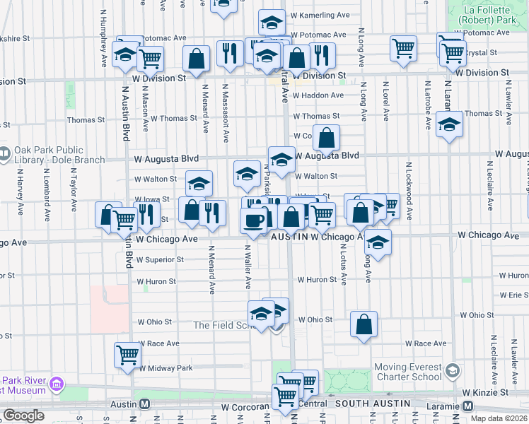 map of restaurants, bars, coffee shops, grocery stores, and more near 857 North Parkside Avenue in Chicago