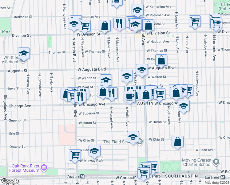 map of restaurants, bars, coffee shops, grocery stores, and more near 5739 West Iowa Street in Chicago