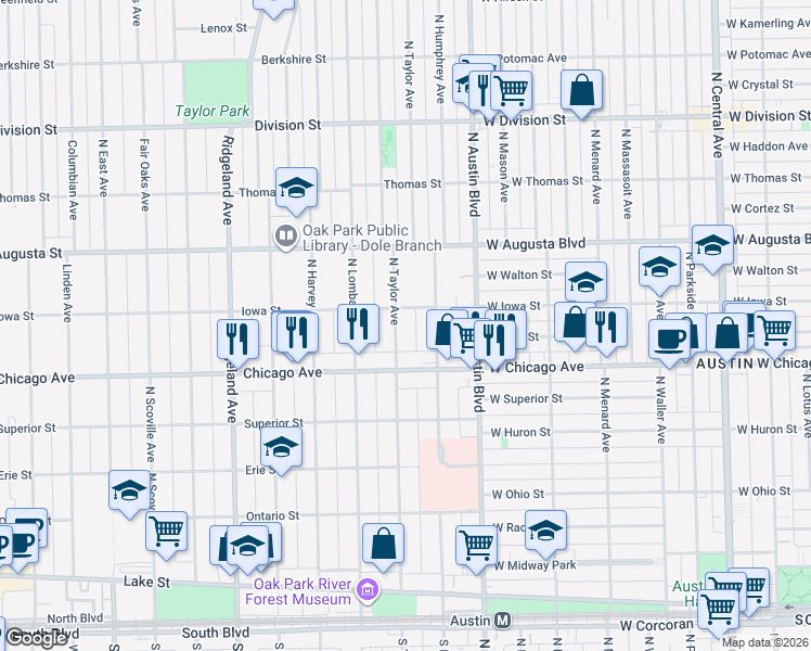 map of restaurants, bars, coffee shops, grocery stores, and more near 115 Iowa Street in Oak Park