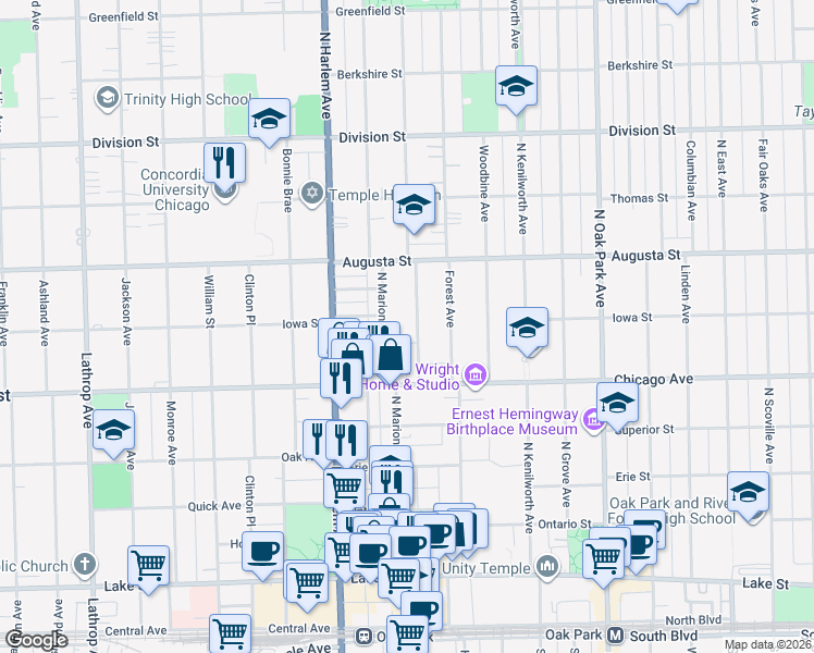 map of restaurants, bars, coffee shops, grocery stores, and more near 611 Belleforte Avenue in Oak Park