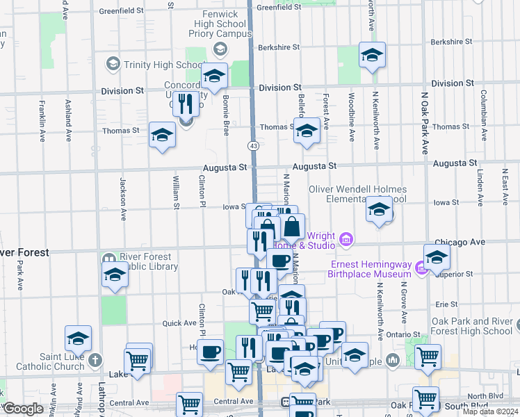 map of restaurants, bars, coffee shops, grocery stores, and more near 906 North Harlem Avenue in River Forest