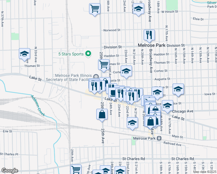 map of restaurants, bars, coffee shops, grocery stores, and more near 1015 North 24th Avenue in Melrose Park