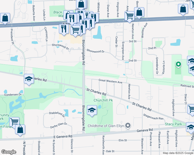 map of restaurants, bars, coffee shops, grocery stores, and more near 23W308 Great Western Avenue in Glen Ellyn