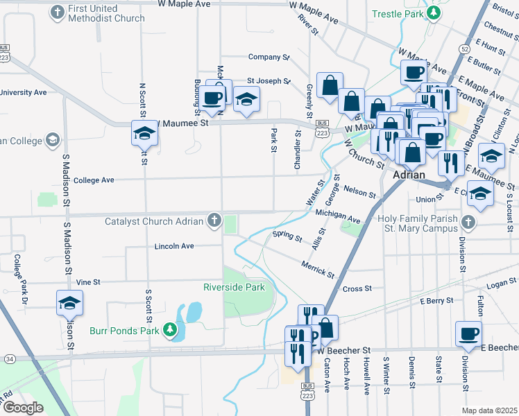 map of restaurants, bars, coffee shops, grocery stores, and more near 728 Michigan Avenue in Adrian