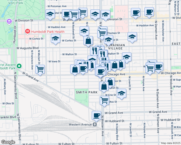 map of restaurants, bars, coffee shops, grocery stores, and more near 2441 West Rice Street in Chicago