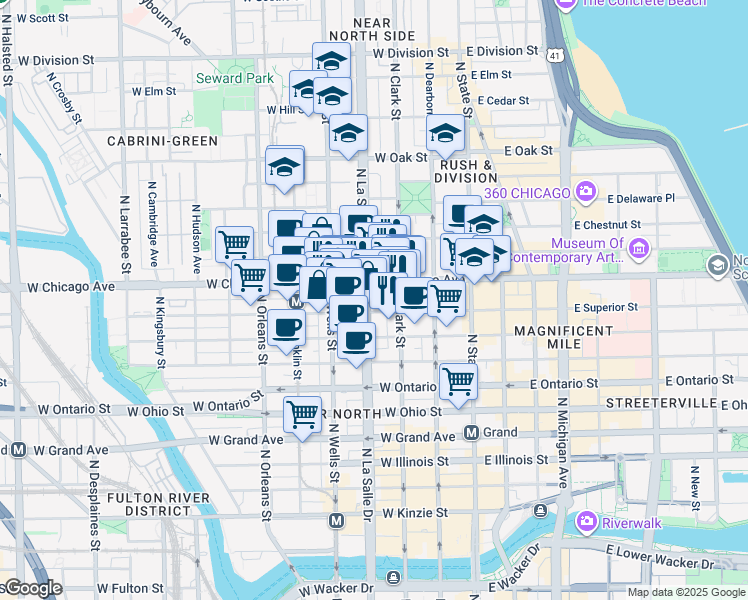 map of restaurants, bars, coffee shops, grocery stores, and more near in Chicago