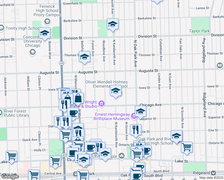 map of restaurants, bars, coffee shops, grocery stores, and more near 547 North Kenilworth Avenue in Oak Park