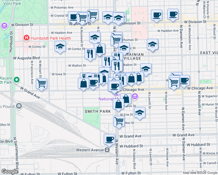 map of restaurants, bars, coffee shops, grocery stores, and more near 2441 West Rice Street in Chicago