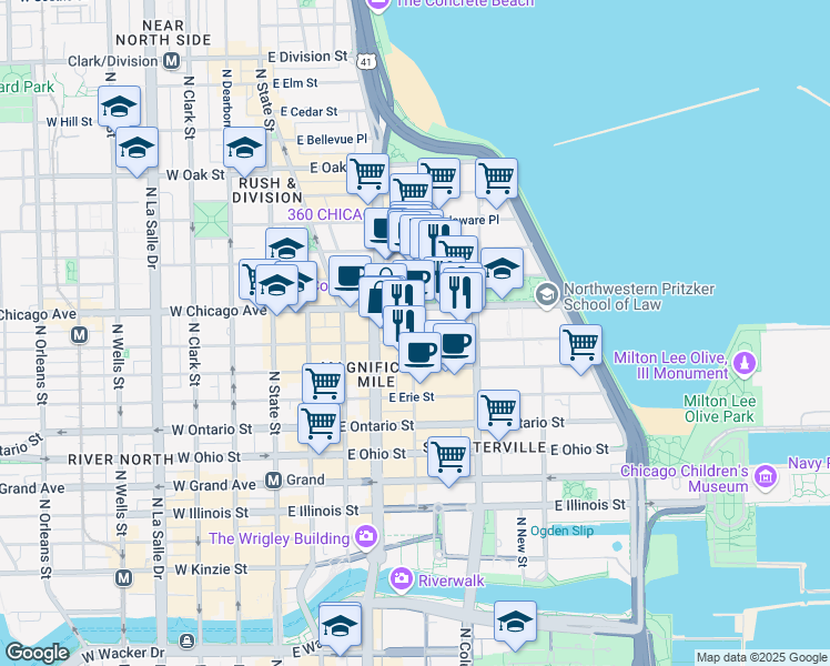 map of restaurants, bars, coffee shops, grocery stores, and more near 166 East Superior Street in Chicago