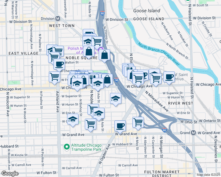 map of restaurants, bars, coffee shops, grocery stores, and more near 801 North Elizabeth Street in Chicago