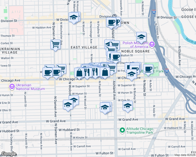 map of restaurants, bars, coffee shops, grocery stores, and more near 835 North Hermitage Avenue in Chicago