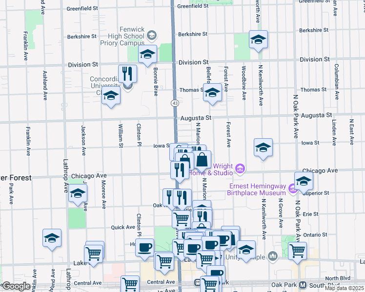 map of restaurants, bars, coffee shops, grocery stores, and more near 1114 Schneider Avenue in Oak Park