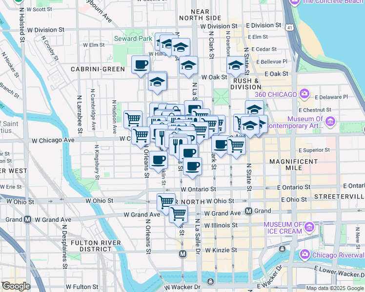 map of restaurants, bars, coffee shops, grocery stores, and more near 741 North Wells Street in Chicago