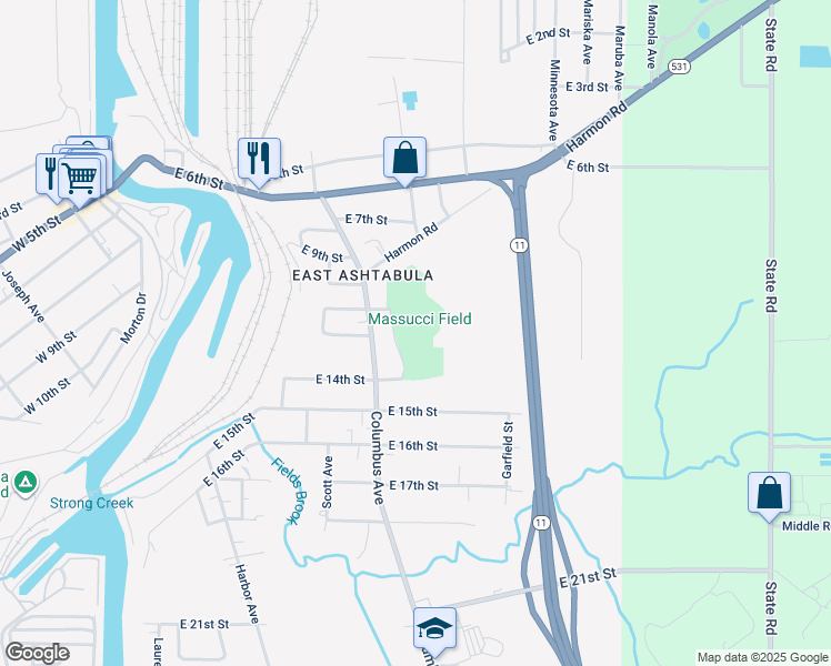 map of restaurants, bars, coffee shops, grocery stores, and more near 1212 Columbus Avenue in Ashtabula