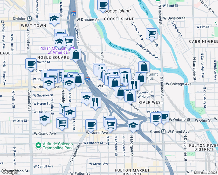 map of restaurants, bars, coffee shops, grocery stores, and more near 1105 West Chicago Avenue in Chicago