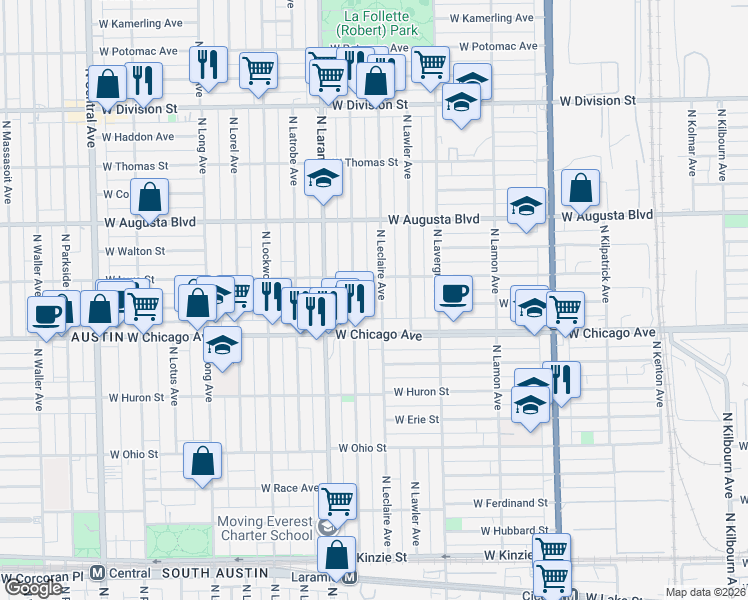 map of restaurants, bars, coffee shops, grocery stores, and more near 832 North Leclaire Avenue in Chicago