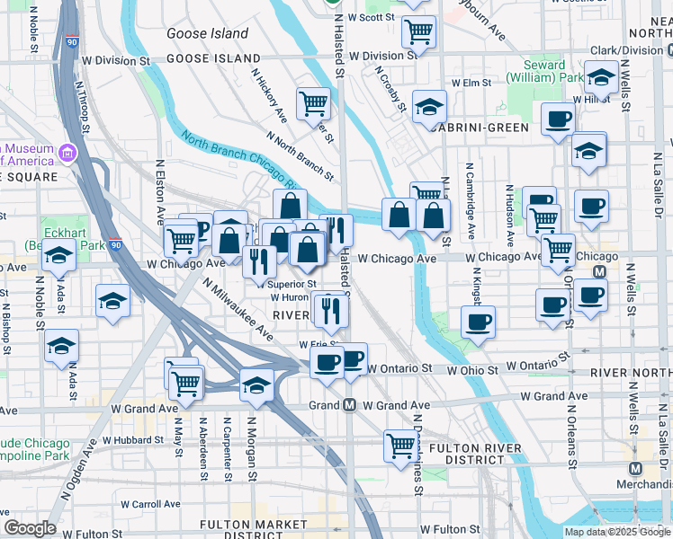 map of restaurants, bars, coffee shops, grocery stores, and more near 800 West Chicago Avenue in Chicago