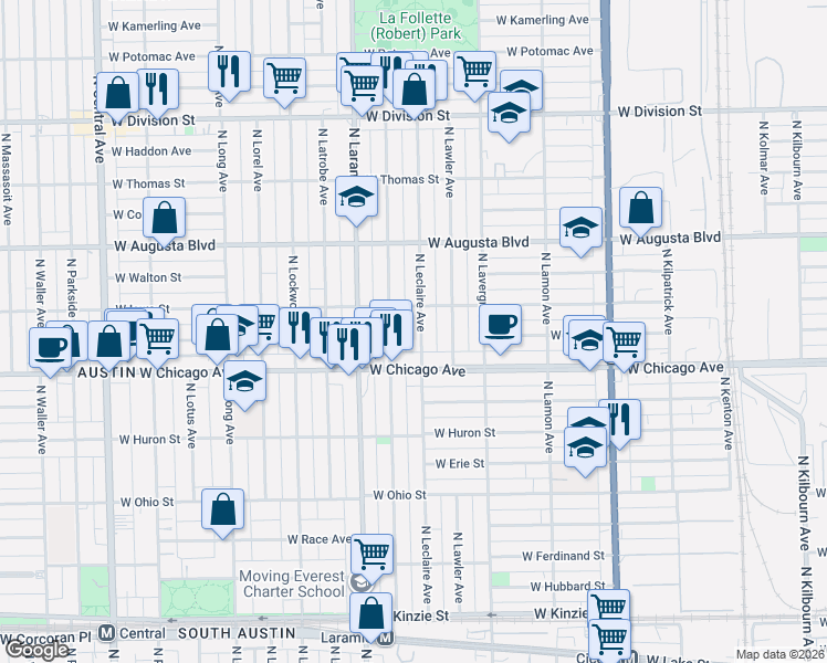 map of restaurants, bars, coffee shops, grocery stores, and more near 832 North Leclaire Avenue in Chicago