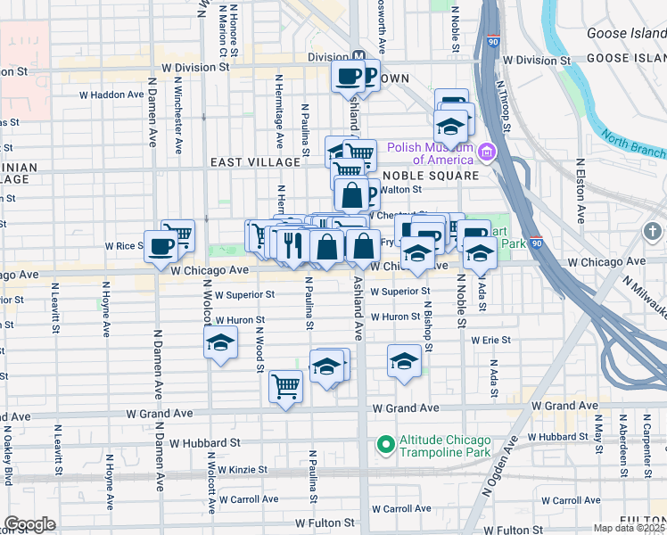 map of restaurants, bars, coffee shops, grocery stores, and more near 1630 West Chicago Avenue in Chicago