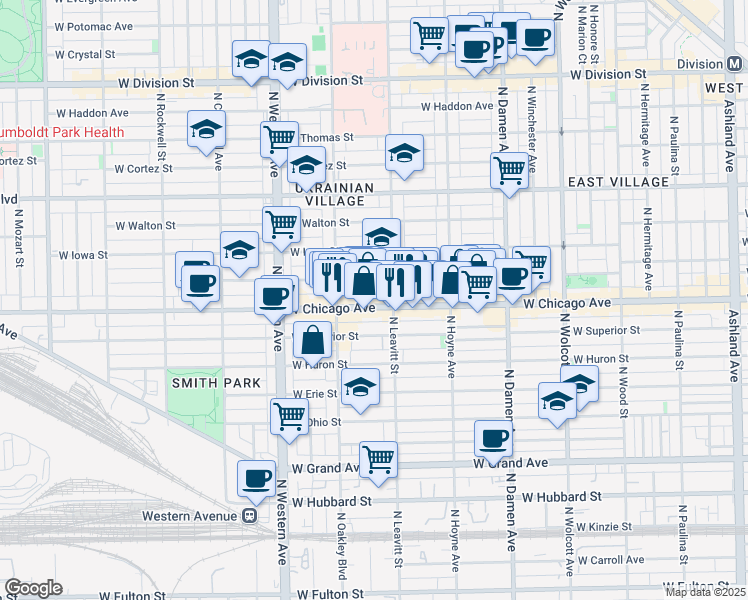 map of restaurants, bars, coffee shops, grocery stores, and more near 2218 West Chicago Avenue in Chicago