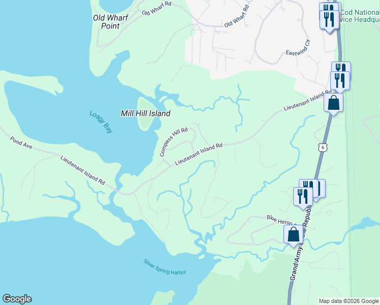 map of restaurants, bars, coffee shops, grocery stores, and more near 25 Compass Hill Road in Wellfleet