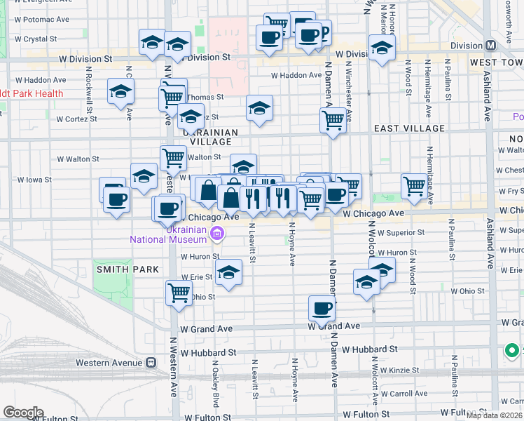 map of restaurants, bars, coffee shops, grocery stores, and more near 2146 West Chicago Avenue in Chicago