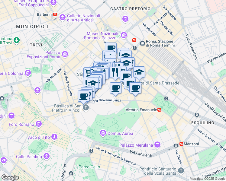 map of restaurants, bars, coffee shops, grocery stores, and more near 24 Via dei Quattro Cantoni in Rome