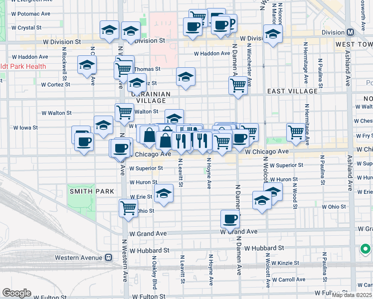 map of restaurants, bars, coffee shops, grocery stores, and more near 2139 West Rice Street in Chicago