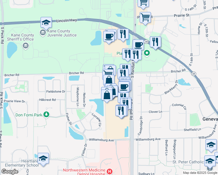 map of restaurants, bars, coffee shops, grocery stores, and more near 706 Commons Drive in Geneva