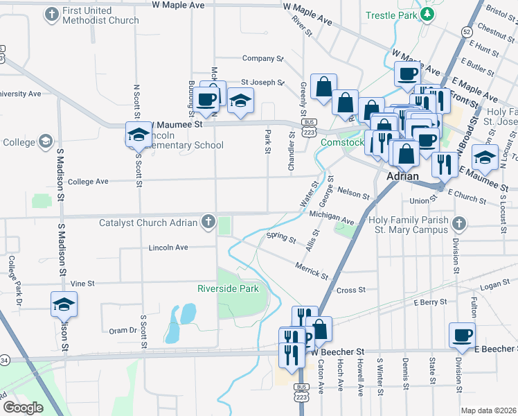 map of restaurants, bars, coffee shops, grocery stores, and more near 728 Michigan Avenue in Adrian