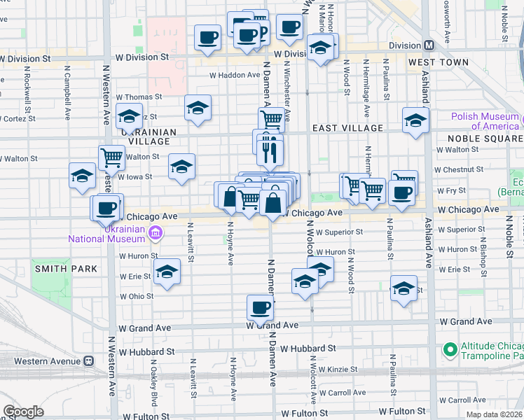 map of restaurants, bars, coffee shops, grocery stores, and more near 2023 West Rice Street in Chicago
